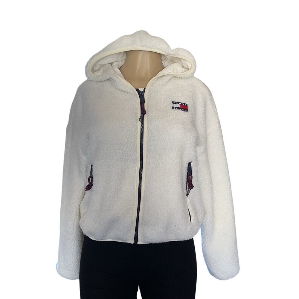 Tommy Jeans Sherpa Fleece Hoodie Jacket White Full Zip Women’s XS Cozy Logo